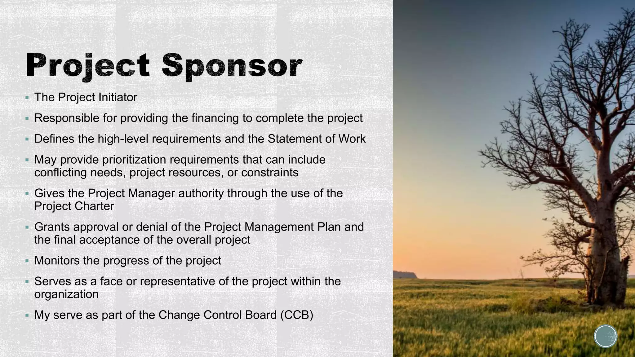  The Project Initiator
 Responsible for providing the financing to complete the project
 Defines the high-level requirements and the Statement of Work
 May provide prioritization requirements that can include
conflicting needs, project resources, or constraints
 Gives the Project Manager authority through the use of the
Project Charter
 Grants approval or denial of the Project Management Plan and
the final acceptance of the overall project
 Monitors the progress of the project
 Serves as a face or representative of the project within the
organization
 My serve as part of the Change Control Board (CCB)
 