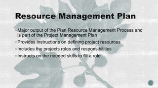 Major output of the Plan Resource Management Process and
is part of the Project Management Plan
Provides instructions on defining project resources
Includes the projects roles and responsibilities
Instructs on the needed skills to fill a role
 