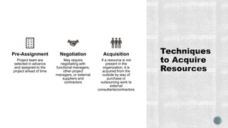 Pre-Assignment
Project team are
selected in advance
and assigned to the
project ahead of time
Negotiation
May require
negotiating with
functional managers,
other project
managers, or external
suppliers and
contractors
Acquisition
If a resource is not
present in the
organization, it is
acquired from the
outside by way of
purchase or
outsourcing work to
external
consultants/contractors
 