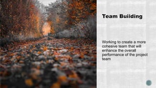 Working to create a more
cohesive team that will
enhance the overall
performance of the project
team
 