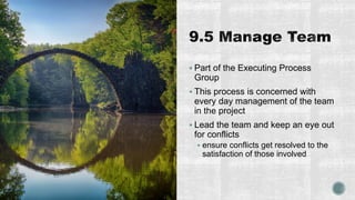  Part of the Executing Process
Group
 This process is concerned with
every day management of the team
in the project
 Lead the team and keep an eye out
for conflicts
 ensure conflicts get resolved to the
satisfaction of those involved
 