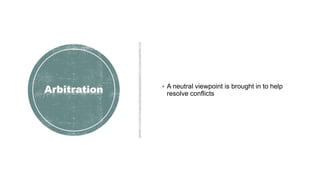 Arbitration  A neutral viewpoint is brought in to help
resolve conflicts
 