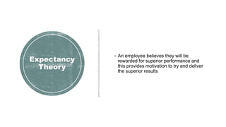 Expectancy
Theory
 An employee believes they will be
rewarded for superior performance and
this provides motivation to try and deliver
the superior results
 