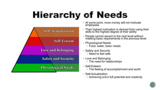  At some point, more money will not motivate
employees
 Their highest motivation is derived from using their
skills to the highest degree of their ability
 People cannot ascent to the next level without
meeting basic requirements in the previous level
 Physiological Needs
 Food, water, basic needs
 Safety and Security
 Need to feel safe
 Love and Belonging
 The need for relationships
 Self-Esteem
 The feeling of accomplishment and worth
 Self-Actualization
 Achieving one’s full potential and creativity
 