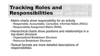 Matrix charts show responsibility for an activity
 Responsible, Accountable, Consulted, Informed Matrix (RACI)
 Respons...