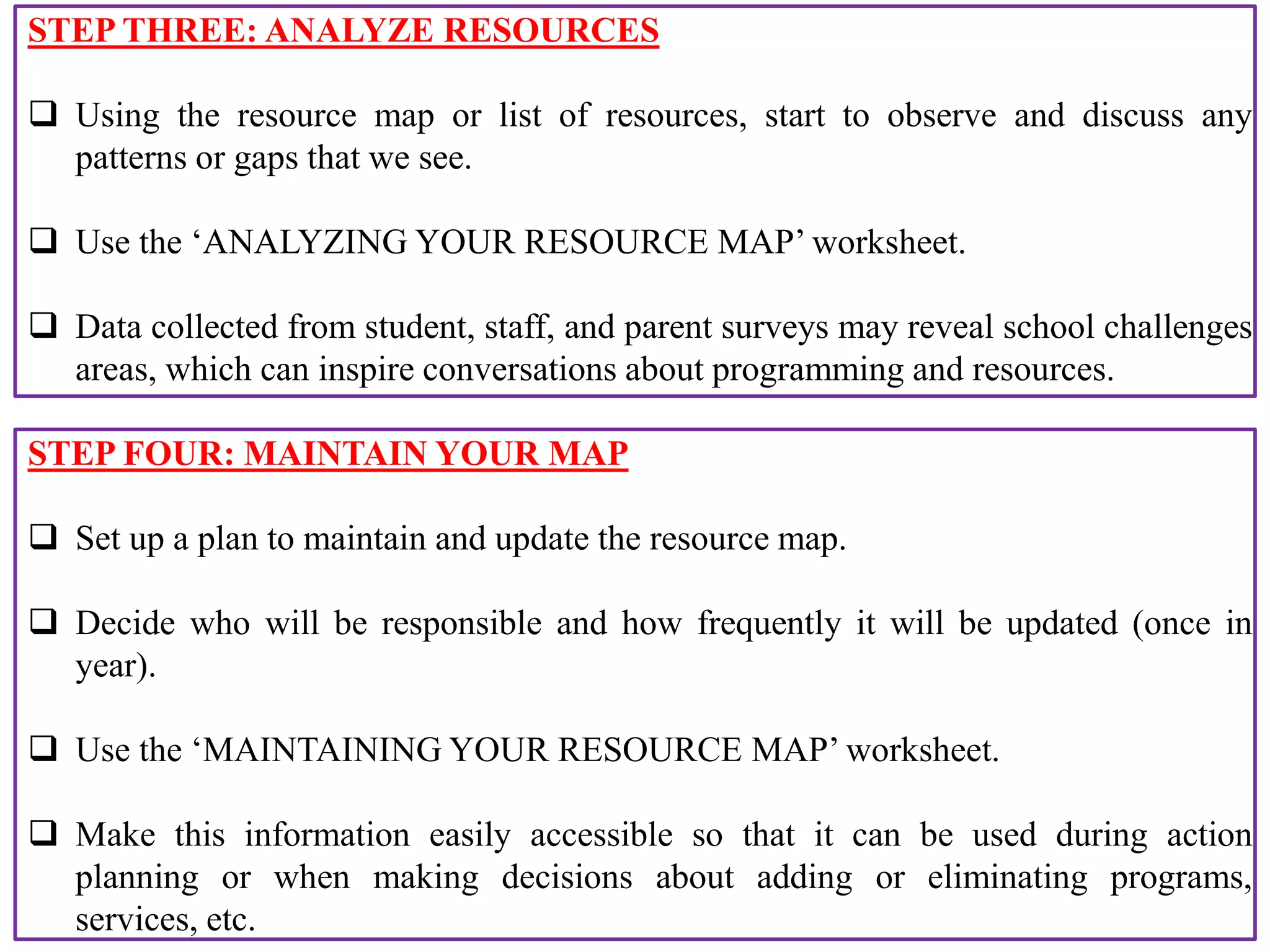 STEP THREE: ANALYZE RESOURCES
 Using the resource map or list of resources, start to observe and discuss any
patterns or gaps that we see.
 Use the ‘ANALYZING YOUR RESOURCE MAP’ worksheet.
 Data collected from student, staff, and parent surveys may reveal school challenges
areas, which can inspire conversations about programming and resources.
STEP FOUR: MAINTAIN YOUR MAP
 Set up a plan to maintain and update the resource map.
 Decide who will be responsible and how frequently it will be updated (once in
year).
 Use the ‘MAINTAINING YOUR RESOURCE MAP’ worksheet.
 Make this information easily accessible so that it can be used during action
planning or when making decisions about adding or eliminating programs,
services, etc.
 