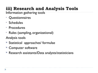 iii) Research and Analysis Tools
Information gathering tools
• Questionnaires
• Schedules
• Procedures
• Rules (sampling, organizational)
Analysis tools
 Statistical approaches/ formulae
 Computer software
 Research assistants/Data analysts/statisticians

 