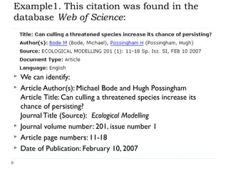 Example1. This citation was found in the
database Web of Science:








We can identify:
Article Author(s): Michael Bode and Hugh Possingham
Article Title: Can culling a threatened species increase its
chance of persisting?
Journal Title (Source):  Ecological Modelling
Journal volume number: 201, issue number 1
Article page numbers: 11-18
Date of Publication: February 10, 2007

 