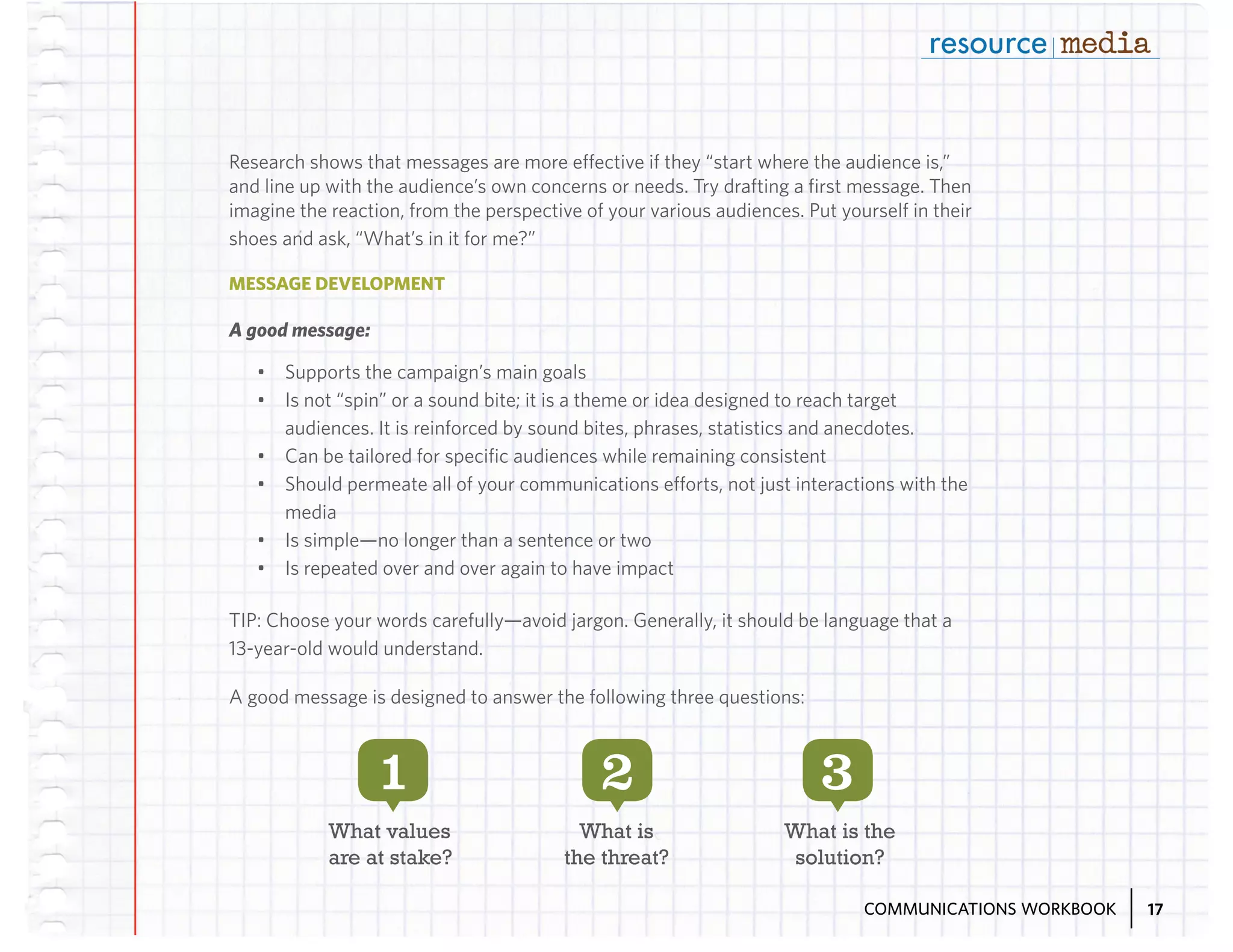Research shows that messages are more effective if they “start where the audience is,”
and line up with the audience’s own concerns or needs. Try drafting a first message. Then
imagine the reaction, from the perspective of your various audiences. Put yourself in their
shoes and ask, “What’s in it for me?”
MESSAGE DEVELOPMENT

A good message:
•	 Supports the campaign’s main goals
•	 Is not “spin” or a sound bite; it is a theme or idea designed to reach target
audiences. It is reinforced by sound bites, phrases, statistics and anecdotes.
•	 Can be tailored for specific audiences while remaining consistent
•	 Should permeate all of your communications efforts, not just interactions with the
media
•	 Is simple—no longer than a sentence or two
•	 Is repeated over and over again to have impact
TIP: Choose your words carefully—avoid jargon. Generally, it should be language that a
13-year-old would understand.
A good message is designed to answer the following three questions:

1

2

3

What values
are at stake?

What is
the threat?

What is the
solution?
COMMUNICATIONS WORKBOOK

17

 