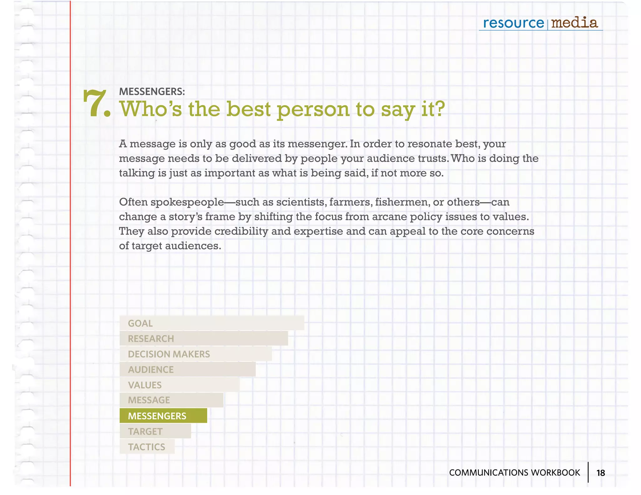 7. Who’s the best person to say it?
MESSENGERS:

A message is only as good as its messenger. In order to resonate best, your
message needs to be delivered by people your audience trusts. Who is doing the
talking is just as important as what is being said, if not more so.
Often spokespeople—such as scientists, farmers, fishermen, or others—can
change a story’s frame by shifting the focus from arcane policy issues to values.
They also provide credibility and expertise and can appeal to the core concerns
of target audiences.

GOAL
RESEARCH
DECISION MAKERS
AUDIENCE
VALUES
MESSAGE
MESSENGERS
TARGET
TACTICS
COMMUNICATIONS WORKBOOK

18

 