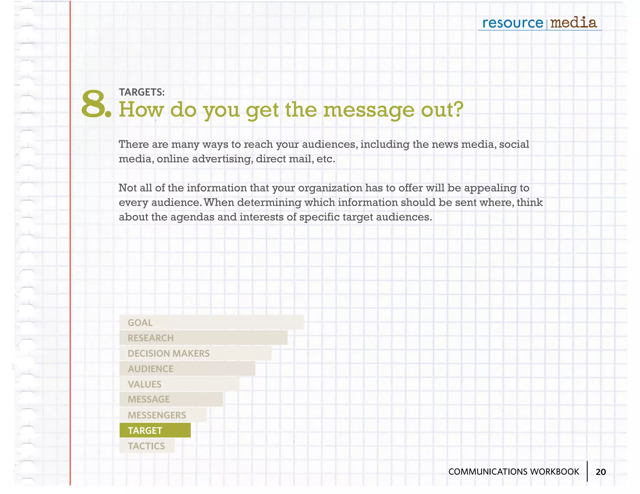 8. How do you get the message out?
TARGETS:

There are many ways to reach your audiences, including the news media, social
media, online advertising, direct mail, etc.
Not all of the information that your organization has to offer will be appealing to
every audience. When determining which information should be sent where, think
about the agendas and interests of specific target audiences.

GOAL
RESEARCH
DECISION MAKERS
AUDIENCE
VALUES
MESSAGE
MESSENGERS
TARGET
TACTICS
COMMUNICATIONS WORKBOOK

20

 