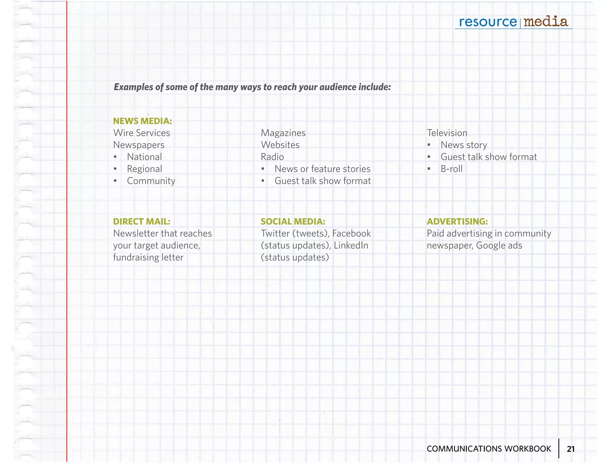 Examples of some of the many ways to reach your audience include:
NEWS MEDIA:

Wire Services
Newspapers
•	 National
•	 Regional
•	 Community

Magazines
Websites
Radio
•	 News or feature stories
•	 Guest talk show format

Television
•	 News story
•	 Guest talk show format
•	 B-roll

DIRECT MAIL:

SOCIAL MEDIA:

ADVERTISING:

Newsletter that reaches
your target audience,
fundraising letter

Twitter (tweets), Facebook
(status updates), LinkedIn
(status updates)

Paid advertising in community
newspaper, Google ads

COMMUNICATIONS WORKBOOK

21

 