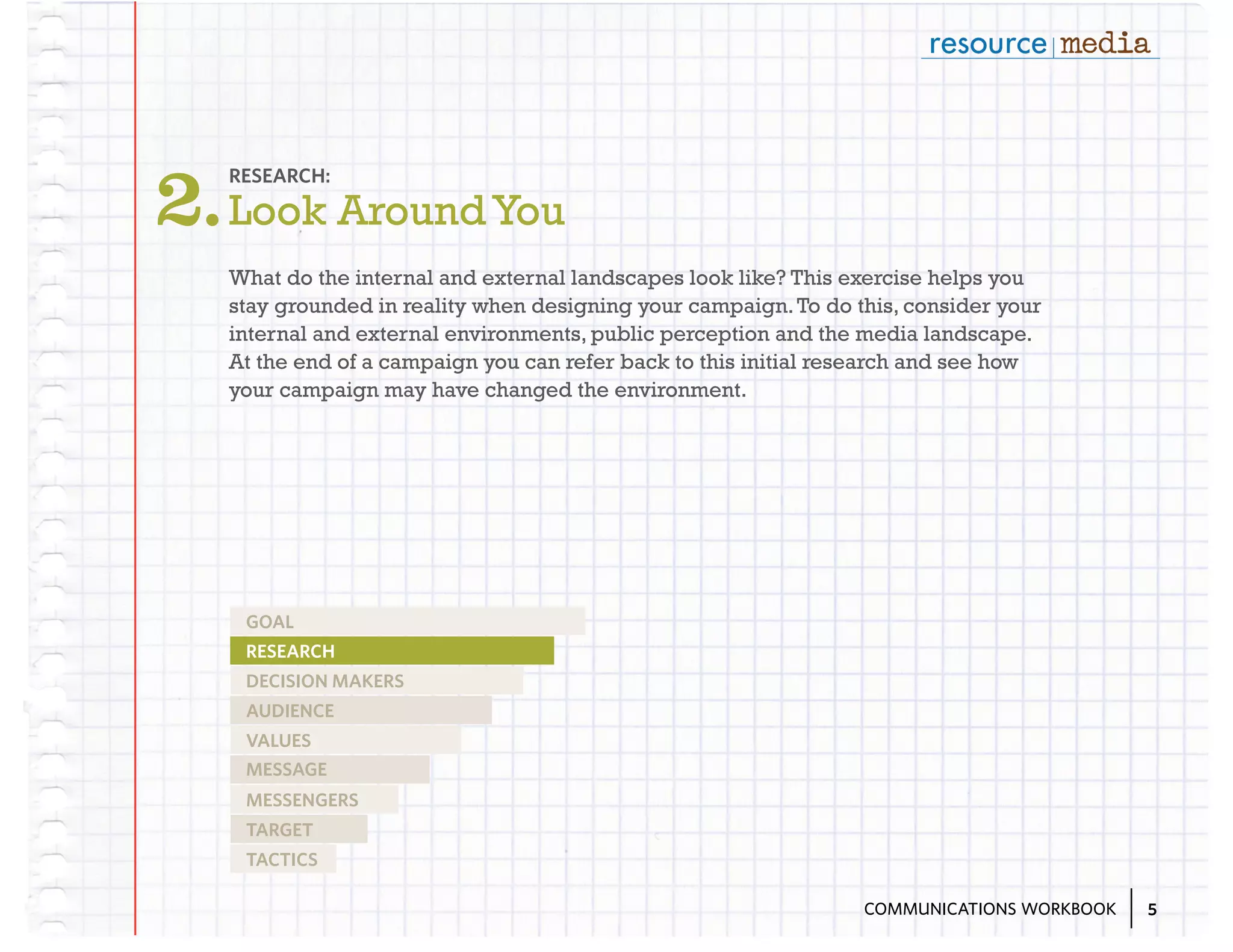 2. Look Around You
RESEARCH:

What do the internal and external landscapes look like? This exercise helps you
stay grounded in reality when designing your campaign. To do this, consider your
internal and external environments, public perception and the media landscape.
At the end of a campaign you can refer back to this initial research and see how
your campaign may have changed the environment.

GOAL
RESEARCH
DECISION MAKERS
AUDIENCE
VALUES
MESSAGE
MESSENGERS
TARGET
TACTICS
COMMUNICATIONS WORKBOOK

5

 