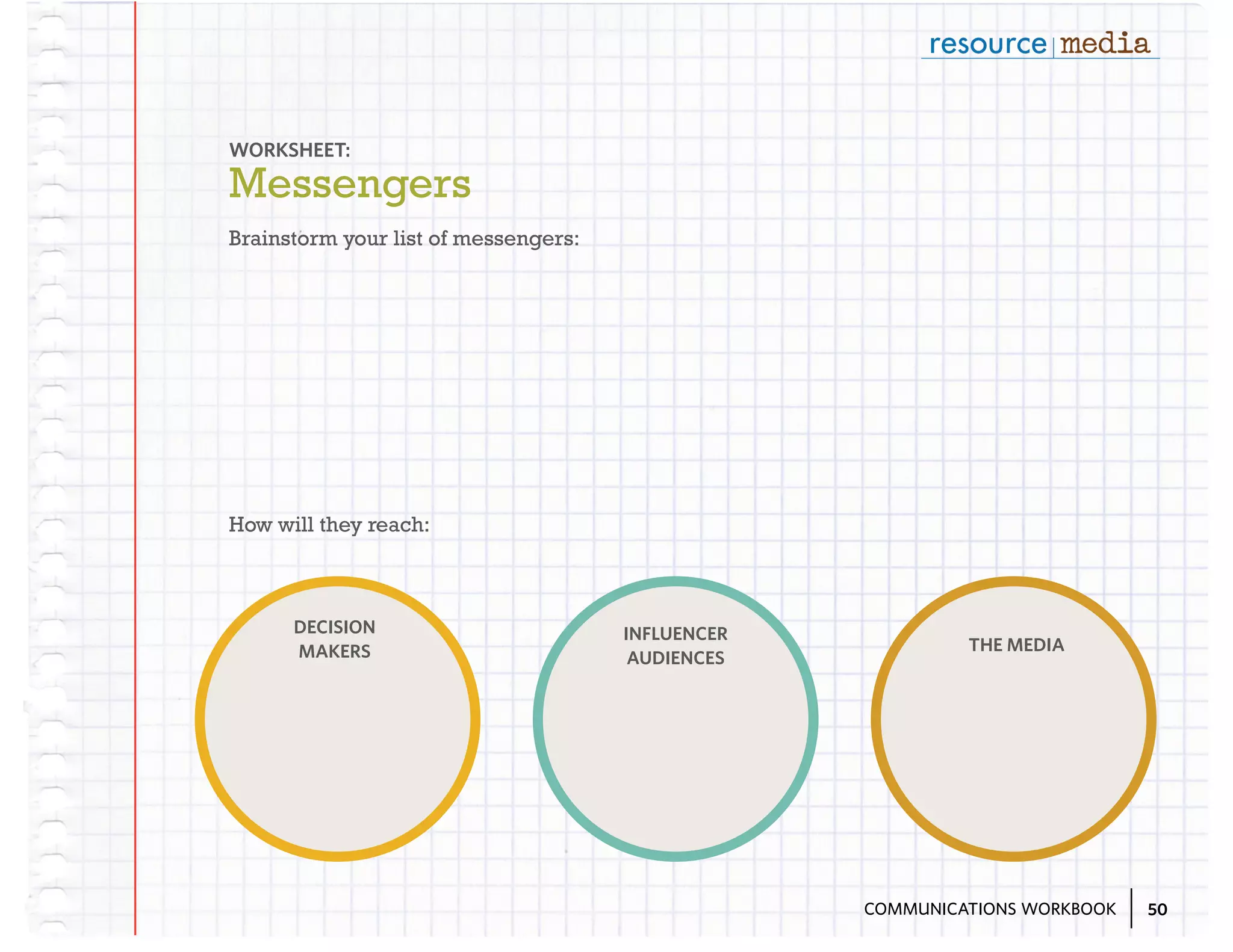 WORKSHEET:

Messengers
Brainstorm your list of messengers:

How will they reach:

DECISION
MAKERS

INFLUENCER
AUDIENCES

THE MEDIA

COMMUNICATIONS WORKBOOK

50

 