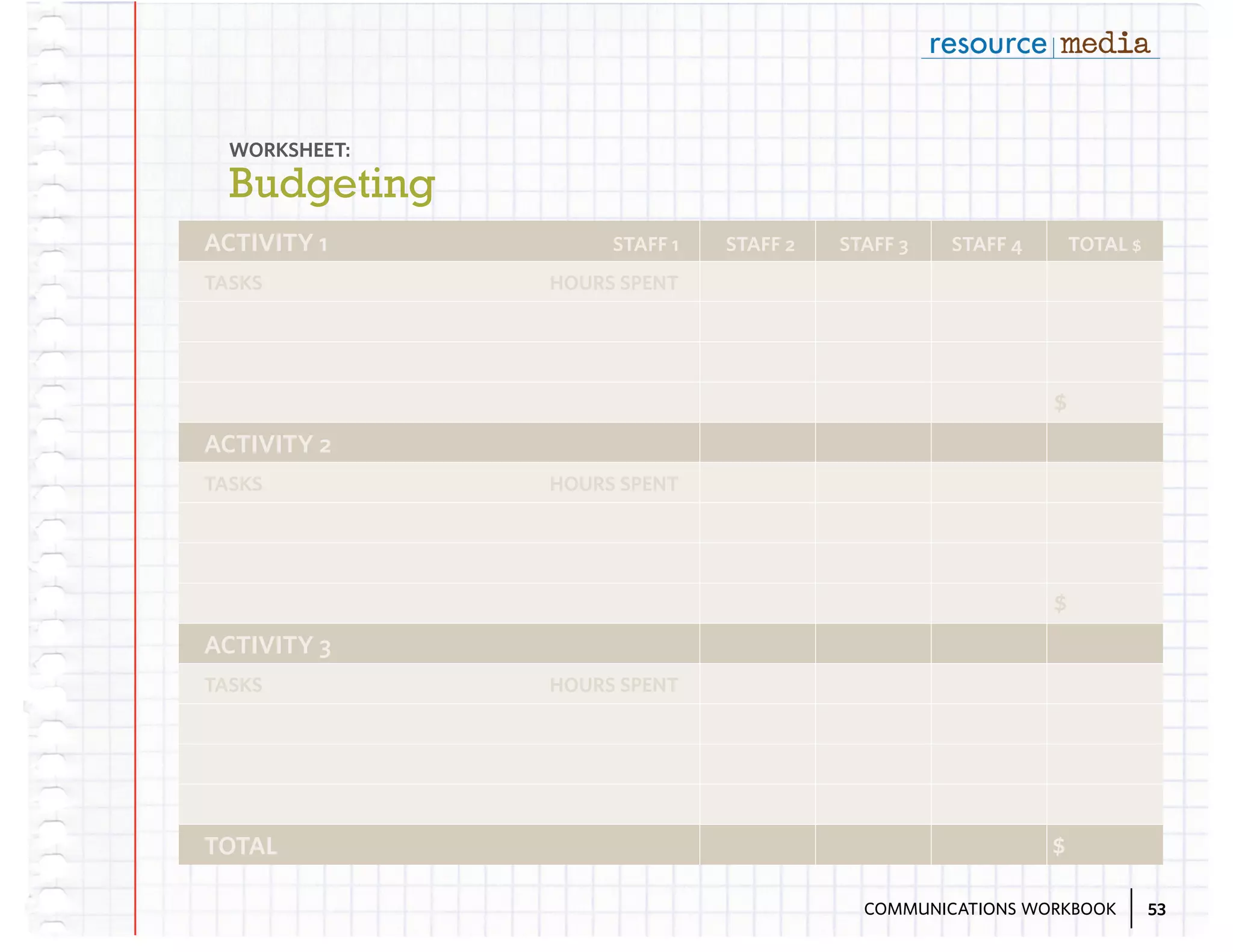 WORKSHEET:

Budgeting
ACTIVITY 1
TASKS

STAFF 1

STAFF 2

STAFF 3

STAFF 4

TOTAL $

HOURS SPENT

$
ACTIVITY 2
TASKS

HOURS SPENT

$
ACTIVITY 3
TASKS

TOTAL

HOURS SPENT

$
COMMUNICATIONS WORKBOOK

53

 