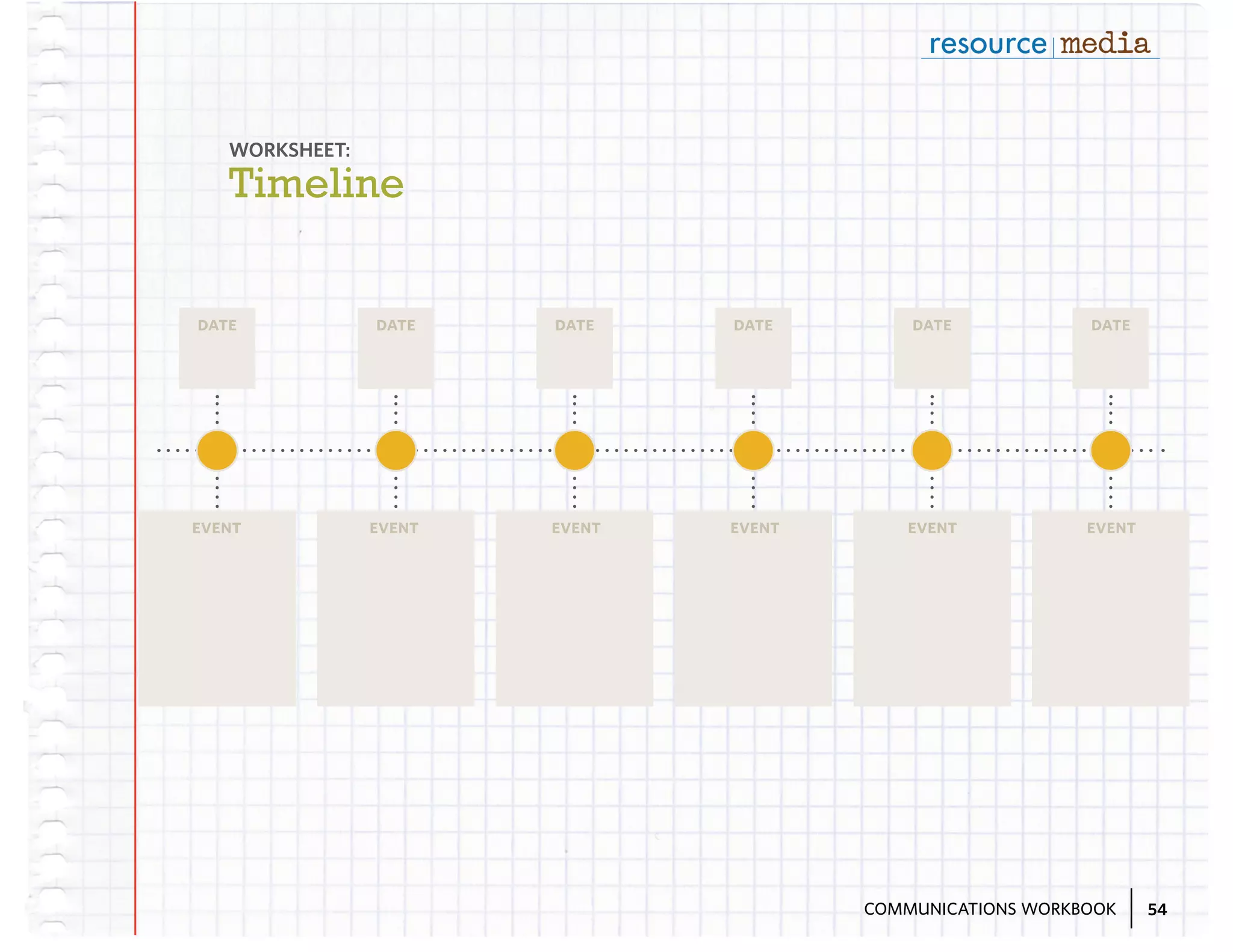 WORKSHEET:

Timeline
date

date

date

date

date

date

event

event

event

event

event

event

COMMUNICATIONS WORKBOOK

54

 
