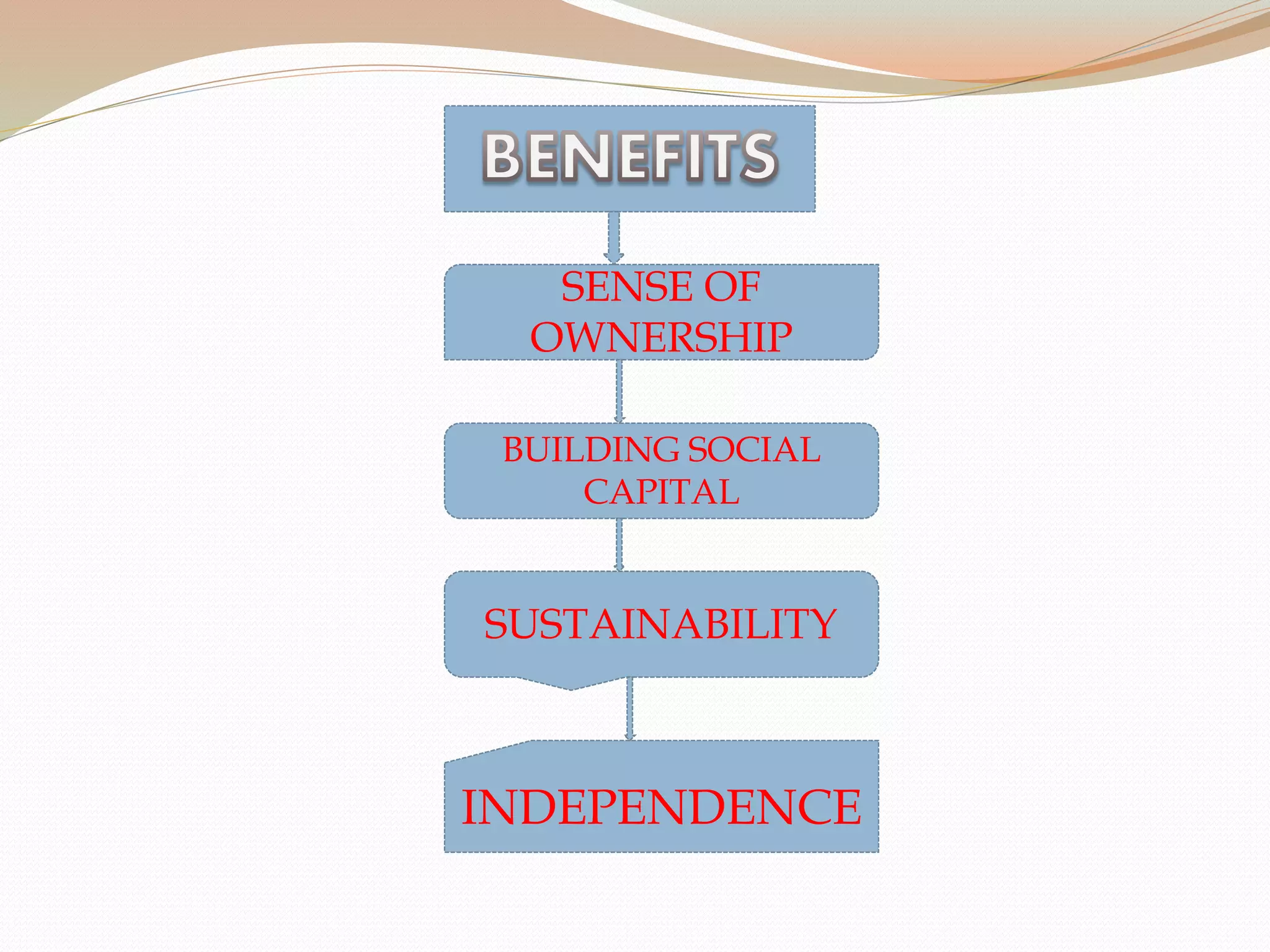 BUILDING SOCIAL
CAPITAL
SENSE OF
OWNERSHIP
SUSTAINABILITY
INDEPENDENCE
 