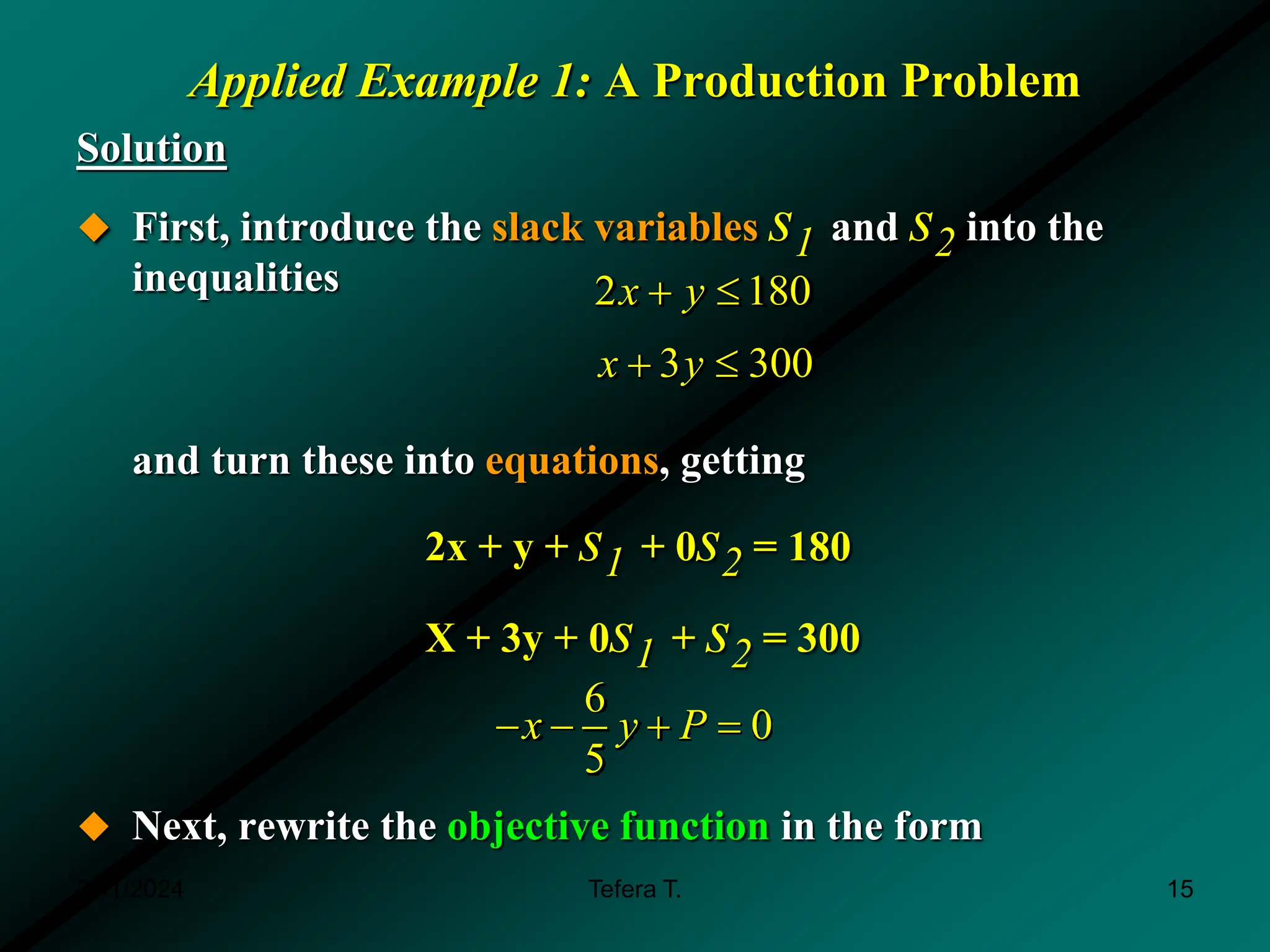 Applied Example 1: A Production Problem
Solution
 First, introduce the slack variables s1 and s2 into the
inequalities
and turn these into equations, getting
2x + y + s1 + 0s2 = 180
X + 3y + 0s1 + s2 = 300
 Next, rewrite the objective function in the form
3 300
x y
 
2 180
x y
 
6
0
5
x y P
   
3/11/2024 15
Tefera T.
 