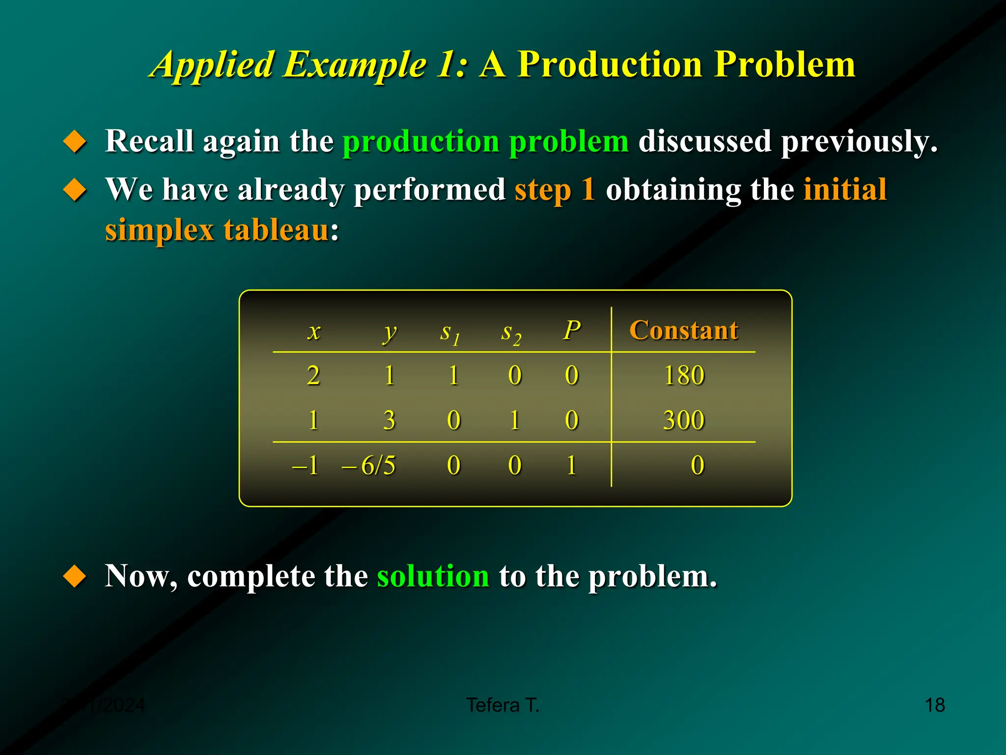 Applied Example 1: A Production Problem
 Recall again the production problem discussed previously.
 We have already performed step 1 obtaining the initial
simplex tableau:
 Now, complete the solution to the problem.
x y s1 s2 P Constant
2 1 1 0 0 180
1 3 0 1 0 300
–1 – 6/5 0 0 1 0
3/11/2024 18
Tefera T.
 