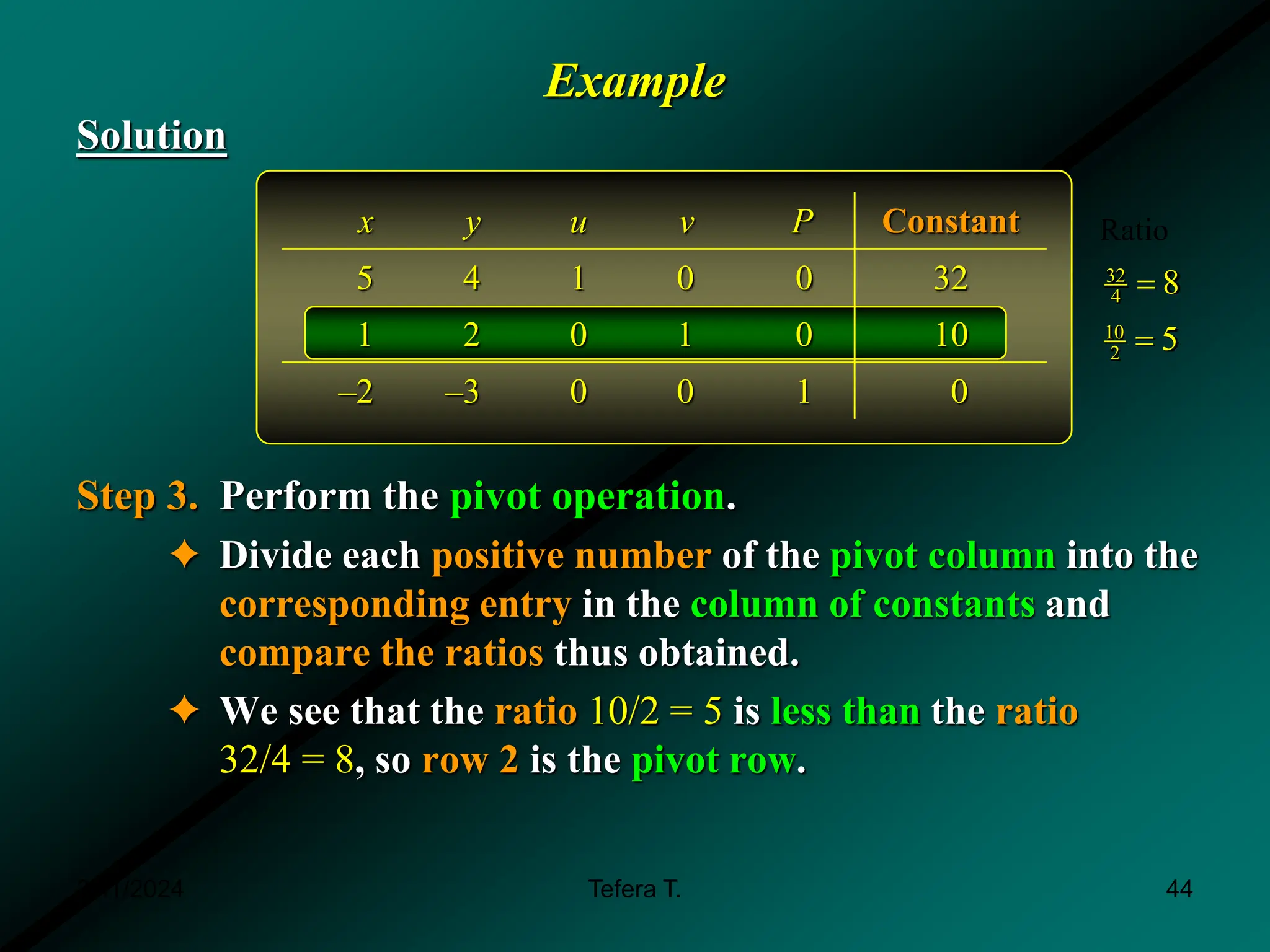 Example
Solution
Step 3. Perform the pivot operation.
✦ Divide each positive number of the pivot column into the
corresponding entry in the column of constants and
compare the ratios thus obtained.
✦ We see that the ratio 10/2 = 5 is less than the ratio
32/4 = 8, so row 2 is the pivot row.
2 3
Maximize P x y
 
32
4
10
2
8
5


x y u v P Constant
5 4 1 0 0 32
1 2 0 1 0 10
–2 –3 0 0 1 0
Ratio
3/11/2024 44
Tefera T.
 