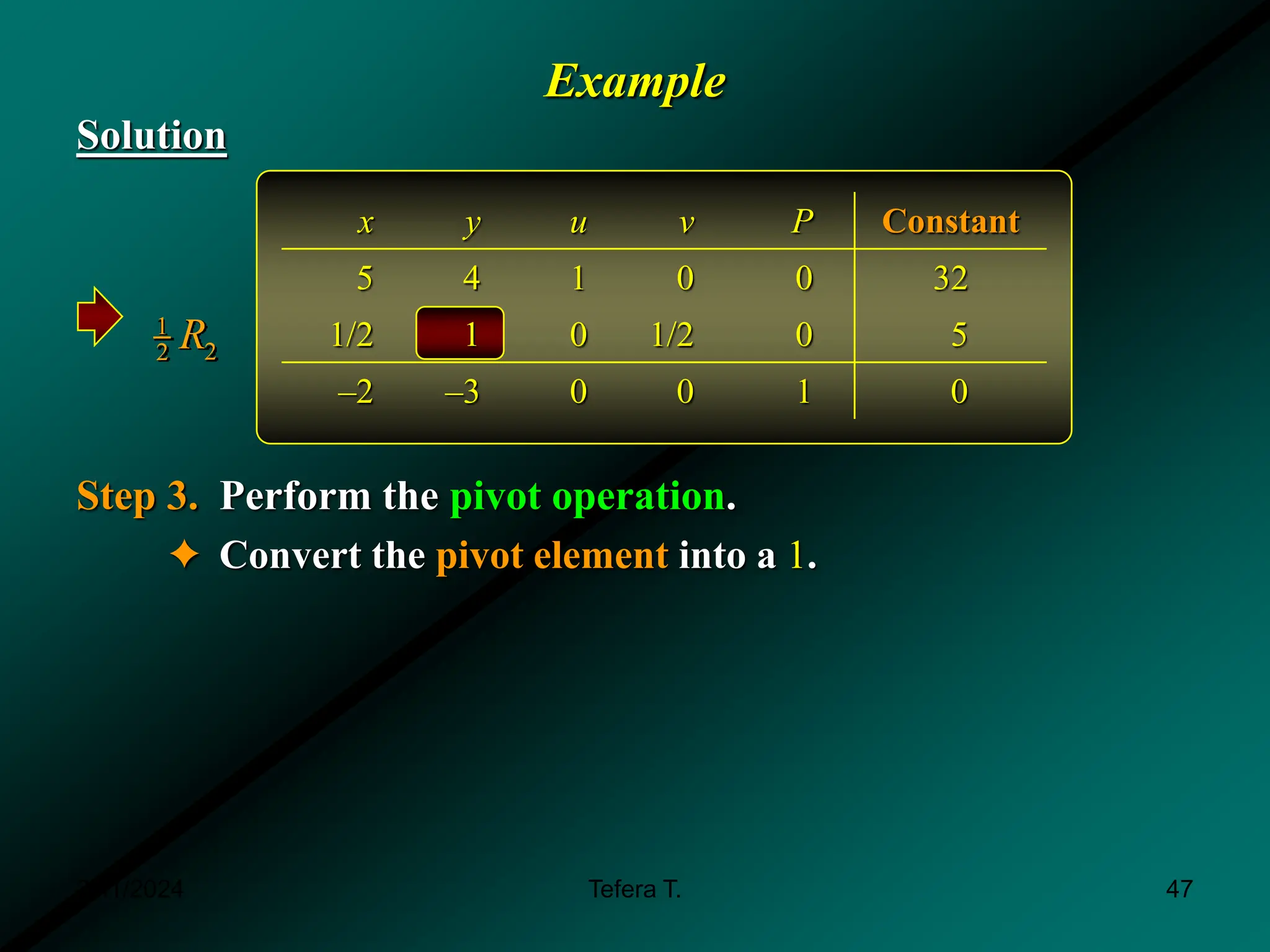 Example
Solution
Step 3. Perform the pivot operation.
✦ Convert the pivot element into a 1.
2 3
Maximize P x y
 
x y u v P Constant
5 4 1 0 0 32
1/2 1 0 1/2 0 5
–2 –3 0 0 1 0
1
2
2 R
3/11/2024 47
Tefera T.
 