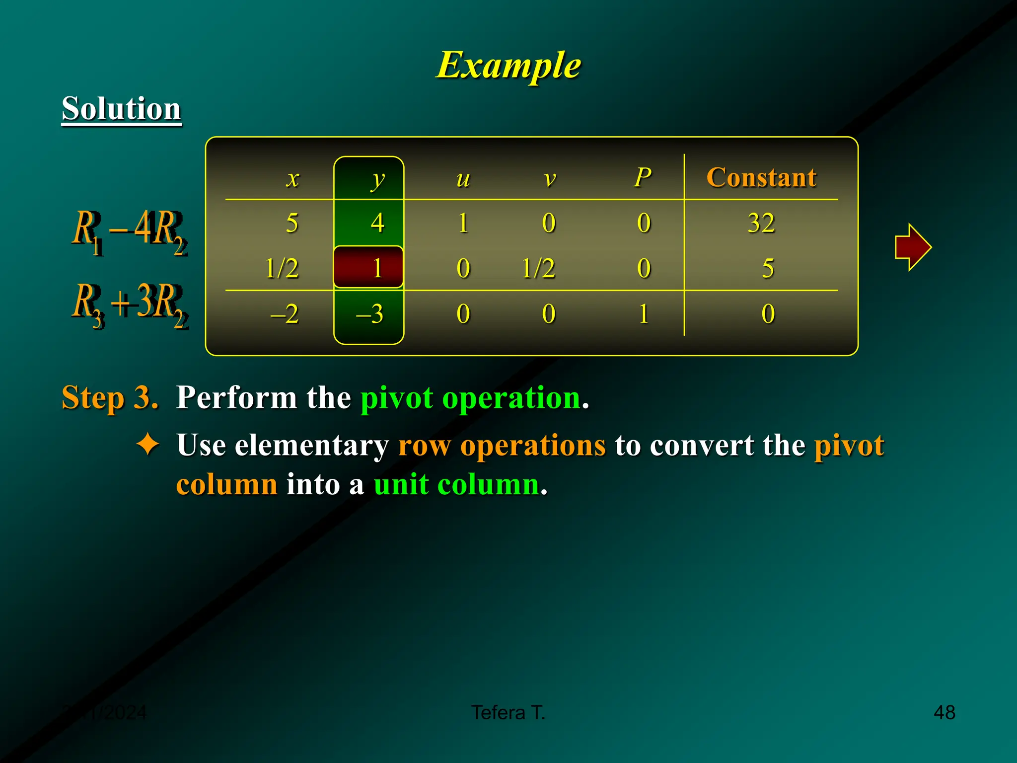 Example
Solution
Step 3. Perform the pivot operation.
✦ Use elementary row operations to convert the pivot
column into a unit column.
2 3
Maximize P x y
 
1 2
3 2
4
3
R R
R R


x y u v P Constant
5 4 1 0 0 32
1/2 1 0 1/2 0 5
–2 –3 0 0 1 0
3/11/2024 48
Tefera T.
 