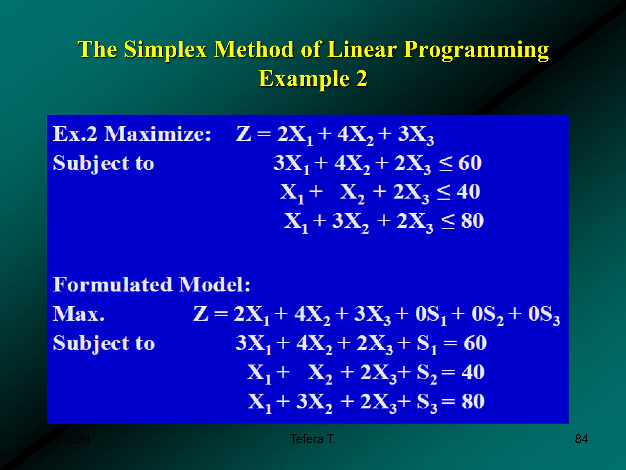 The Simplex Method of Linear Programming
Example 2
3/11/2024 Tefera T. 84
 
