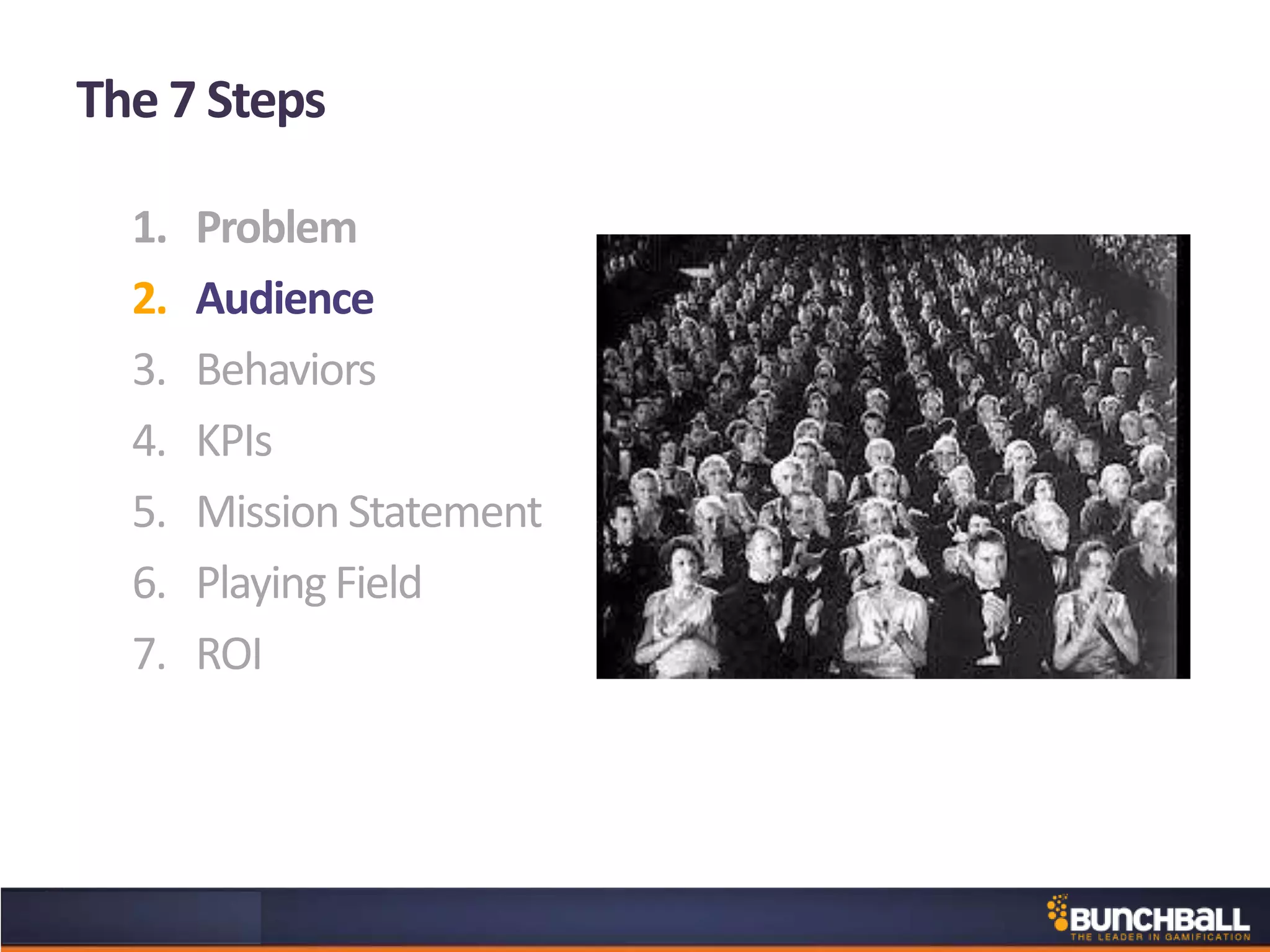 The 7 Steps
1. Problem
2. Audience
3. Behaviors
4. KPIs
5. Mission Statement
6. Playing Field
7. ROI
 