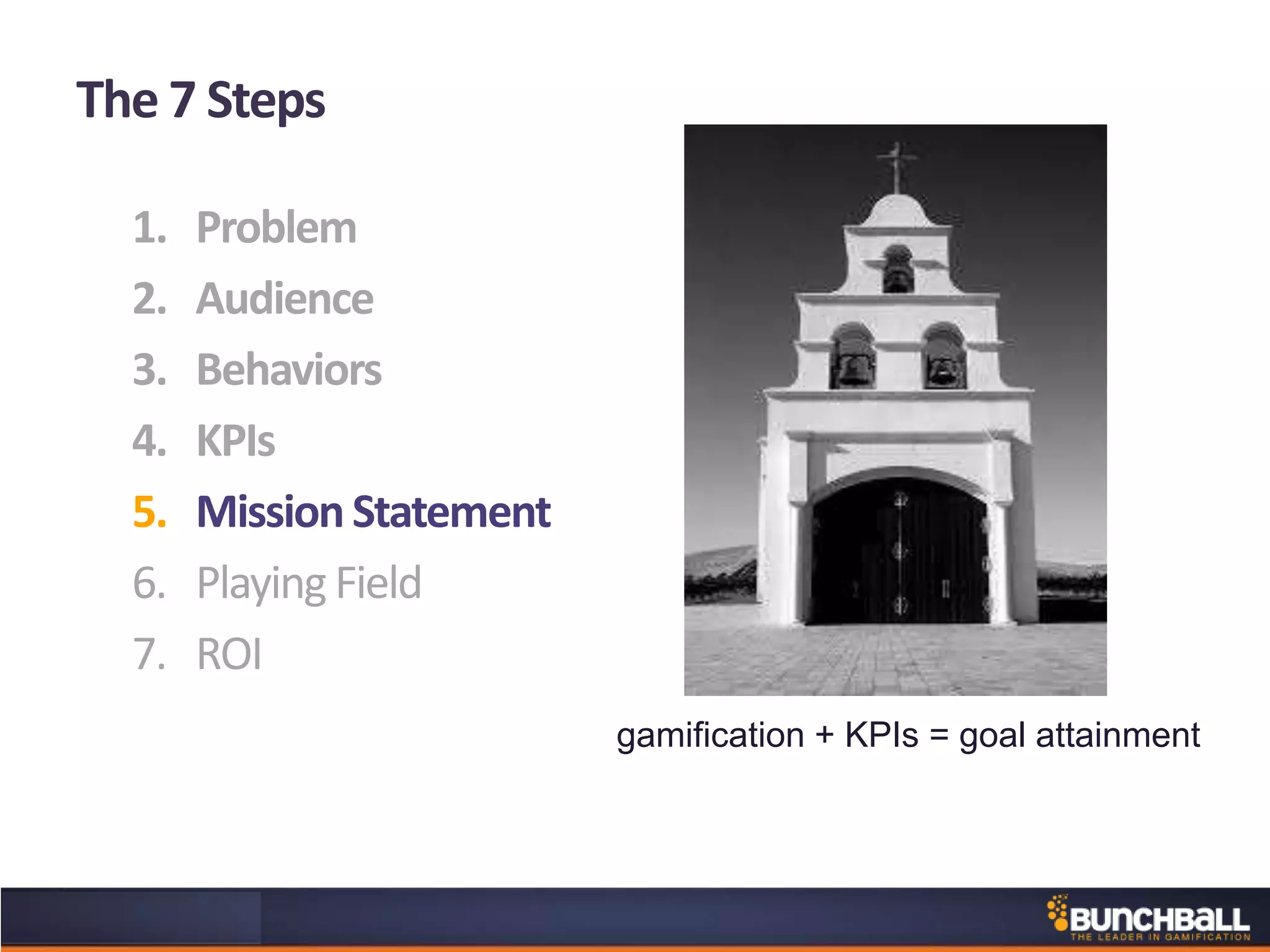 The 7 Steps
1. Problem
2. Audience
3. Behaviors
4. KPIs
5. Mission Statement
6. Playing Field
7. ROI
gamification + KPIs = goal attainment
 
