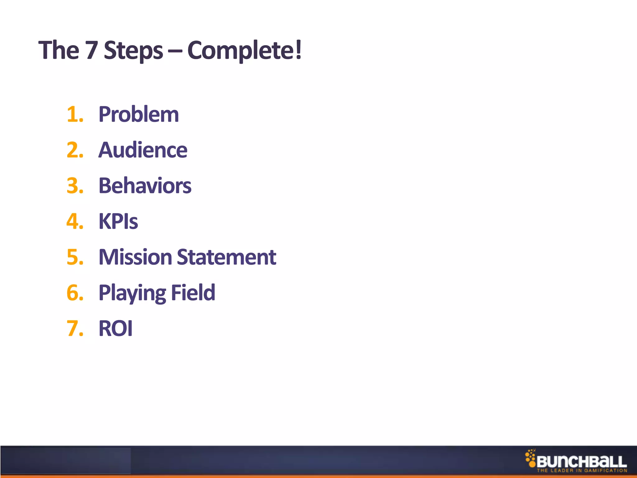 The 7 Steps – Complete!
1. Problem
2. Audience
3. Behaviors
4. KPIs
5. Mission Statement
6. Playing Field
7. ROI
 