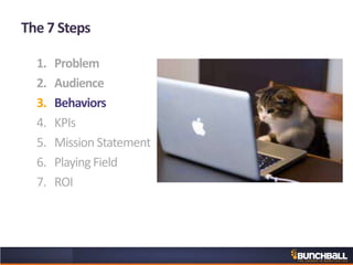 The 7 Steps
1. Problem
2. Audience
3. Behaviors
4. KPIs
5. Mission Statement
6. Playing Field
7. ROI
 