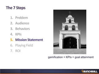 The 7 Steps
1. Problem
2. Audience
3. Behaviors
4. KPIs
5. Mission Statement
6. Playing Field
7. ROI
gamification + KPIs = goal attainment
 