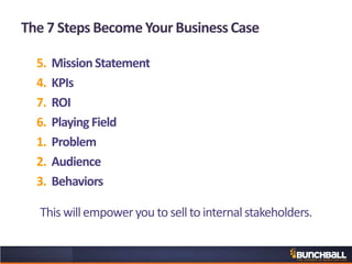 The 7 Steps Become Your Business Case
5. MissionStatement
4. KPIs
7. ROI
6. Playing Field
1. Problem
2. Audience
3. Behaviors
This willempoweryou to sell to internalstakeholders.
 