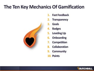 The Ten Key Mechanics Of Gamification
1. FastFeedback
2. Transparency
3. Goals
4. Badges
5. LevelingUp
6. Onboarding
7. Competition
8. Collaboration
9. Community
10. Points
 
