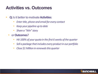 Activities vs. Outcomes
• Q:IsitbettertomotivateActivities:
• Entertitle,phoneandemailforeverycontact
• Keepyourpipelineuptodate
• Sharea“Win”story
• orOutcomes?
• Hit100%ofyourquotainthefirst6weeksofthequarter
• Sellapackagethatincludeseveryproductinourportfolio
• Close$1Millioninrenewalsthisquarter
 