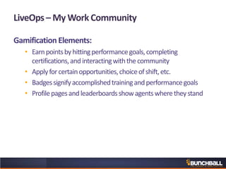 LiveOps – My Work Community
GamificationElements:
• Earnpointsbyhittingperformancegoals,completing
certifications,andinteractingwiththecommunity
• Applyforcertainopportunities,choiceofshift,etc.
• Badgessignifyaccomplishedtrainingandperformancegoals
• Profilepagesandleaderboardsshowagentswheretheystand
 