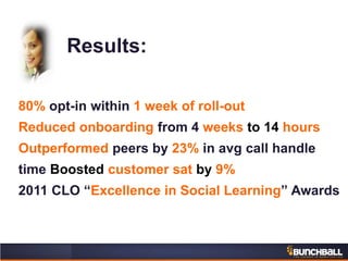 Results:
80% opt-in within 1 week of roll-out
Reduced onboarding from 4 weeks to 14 hours
Outperformed peers by 23% in avg call handle
time Boosted customer sat by 9%
2011 CLO “Excellence in Social Learning” Awards
 