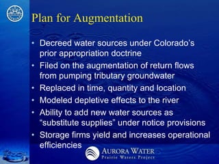 Plan for Augmentation
• Decreed water sources under Colorado’s
  prior appropriation doctrine
• Filed on the augmentation of return flows
  from pumping tributary groundwater
• Replaced in time, quantity and location
• Modeled depletive effects to the river
• Ability to add new water sources as
  ―substitute supplies‖ under notice provisions
• Storage firms yield and increases operational
  efficiencies
 