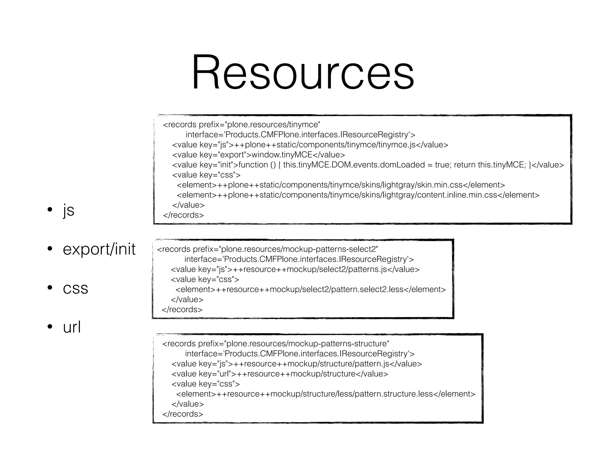 Resources 
• js 
• export/init 
• css 
• url 
<records prefix="plone.resources/tinymce" 
interface='Products.CMFPlone.interfaces.IResourceRegistry'> 
<value key="js">++plone++static/components/tinymce/tinymce.js</value> 
<value key="export">window.tinyMCE</value> 
<value key="init">function () { this.tinyMCE.DOM.events.domLoaded = true; return this.tinyMCE; }</value> 
<value key="css"> 
<element>++plone++static/components/tinymce/skins/lightgray/skin.min.css</element> 
<element>++plone++static/components/tinymce/skins/lightgray/content.inline.min.css</element> 
</value> 
</records> 
<records prefix="plone.resources/mockup-patterns-select2" 
interface='Products.CMFPlone.interfaces.IResourceRegistry'> 
<value key="js">++resource++mockup/select2/patterns.js</value> 
<value key="css"> 
<element>++resource++mockup/select2/pattern.select2.less</element> 
</value> 
</records> 
<records prefix="plone.resources/mockup-patterns-structure" 
interface='Products.CMFPlone.interfaces.IResourceRegistry'> 
<value key="js">++resource++mockup/structure/pattern.js</value> 
<value key="url">++resource++mockup/structure</value> 
<value key="css"> 
<element>++resource++mockup/structure/less/pattern.structure.less</element> 
</value> 
</records> 
 