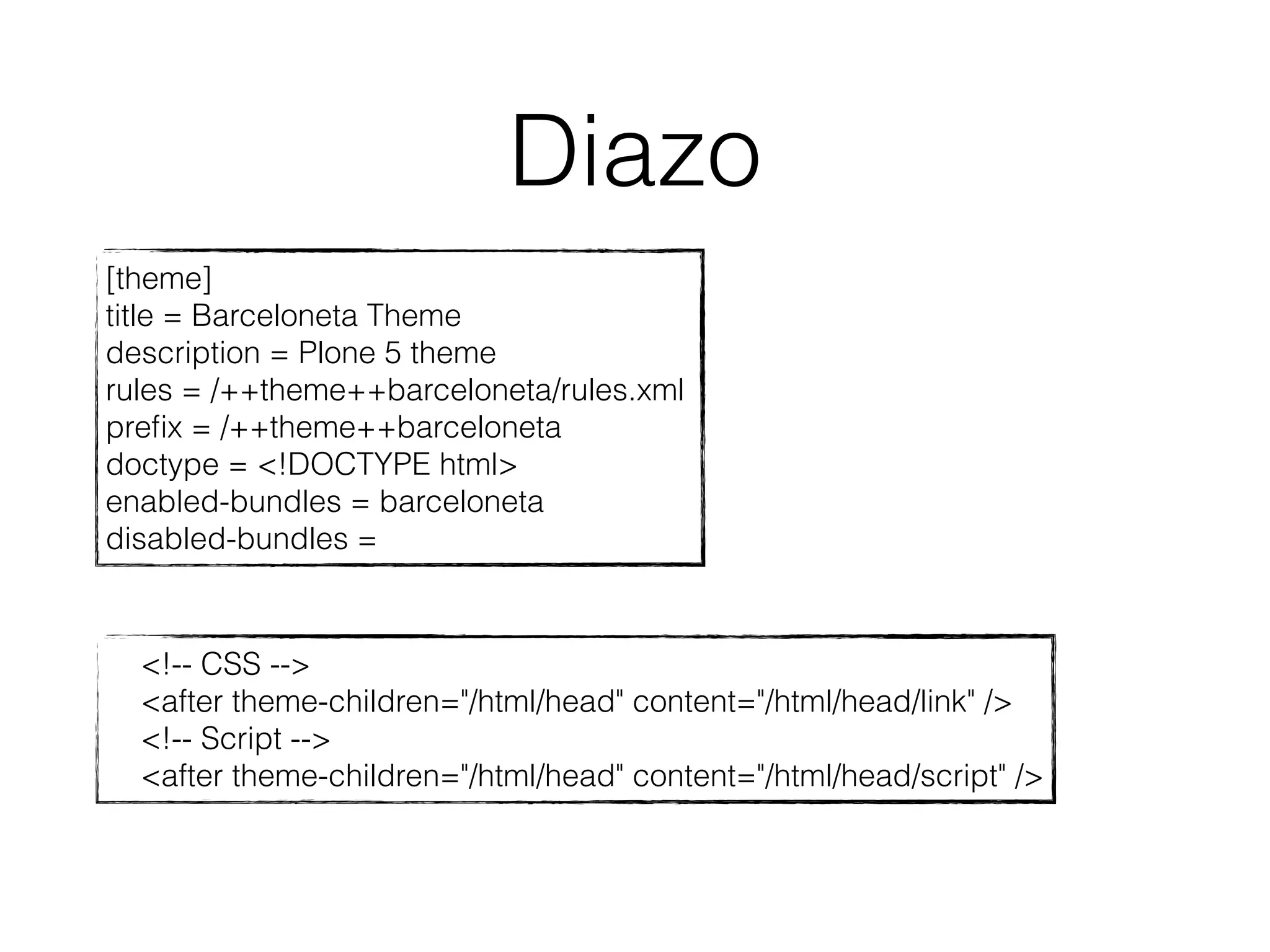 Diazo 
[theme] 
title = Barceloneta Theme 
description = Plone 5 theme 
rules = /++theme++barceloneta/rules.xml 
prefix = /++theme++barceloneta 
doctype = <!DOCTYPE html> 
enabled-bundles = barceloneta 
disabled-bundles = 
<!-- CSS --> 
<after theme-children="/html/head" content="/html/head/link" /> 
<!-- Script --> 
<after theme-children="/html/head" content="/html/head/script" /> 
 