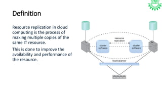 Definition
Resource replication in cloud
computing is the process of
making multiple copies of the
same IT resource.
This is done to improve the
availability and performance of
the resource.
 
