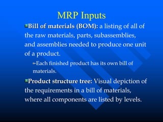 MRP Inputs
 Bill of materials (BOM): a listing of all of
the raw materials, parts, subassemblies,
and assemblies needed to produce one unit
of a product.
    Each finished product has its own bill of
   materials.
 Product structure tree: Visual depiction of
the requirements in a bill of materials,
where all components are listed by levels.
 