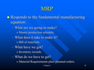 MRP
Responds to the fundamental manufacturing
equation:
– What are we going to make?
   » Master production schedule.
– What does it take to make it?
   » Bill of materials.
– What have we got?
   » Inventory records.
– What do we have to get?
   » Material Requirements plan: planned orders.
                          Chapter3                 18
 