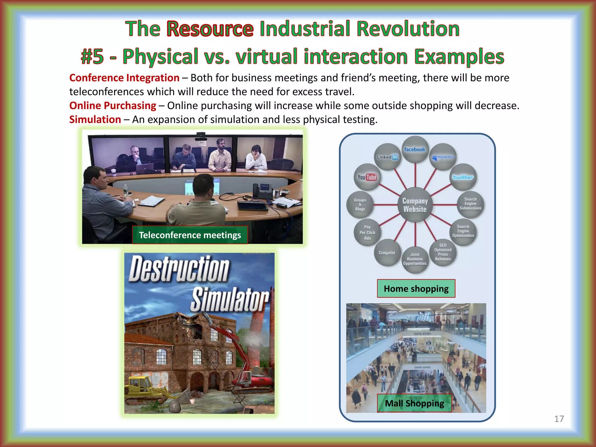 17
Conference Integration – Both for business meetings and friend’s meeting, there will be more
teleconferences which will reduce the need for excess travel.
Online Purchasing – Online purchasing will increase while some outside shopping will decrease.
Simulation – An expansion of simulation and less physical testing.
Home shopping
Mall Shopping
Teleconference meetings
 