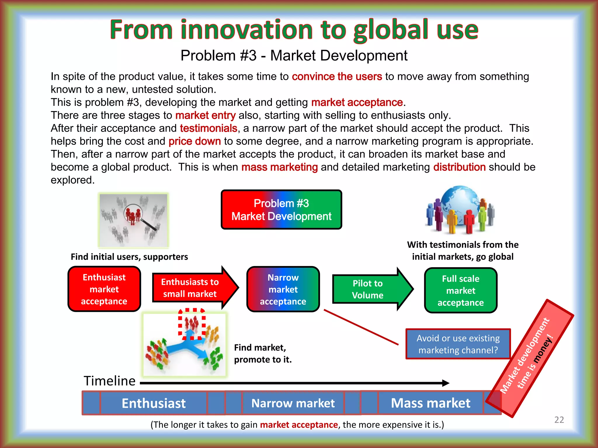 (The longer it takes to gain market acceptance, the more expensive it is.)
Problem #3 - Market Development
22
In spite of the product value, it takes some time to convince the users to move away from something
known to a new, untested solution.
This is problem #3, developing the market and getting market acceptance.
There are three stages to market entry also, starting with selling to enthusiasts only.
After their acceptance and testimonials, a narrow part of the market should accept the product. This
helps bring the cost and price down to some degree, and a narrow marketing program is appropriate.
Then, after a narrow part of the market accepts the product, it can broaden its market base and
become a global product. This is when mass marketing and detailed marketing distribution should be
explored.
Avoid or use existing
marketing channel?
Find initial users, supporters
Find market,
promote to it.
With testimonials from the
initial markets, go global
Problem #3
Market Development
Enthusiast
market
acceptance
Full scale
market
acceptance
Narrow
market
acceptance
Pilot to
Volume
Enthusiasts to
small market
Narrow marketEnthusiast Mass market
Timeline
 