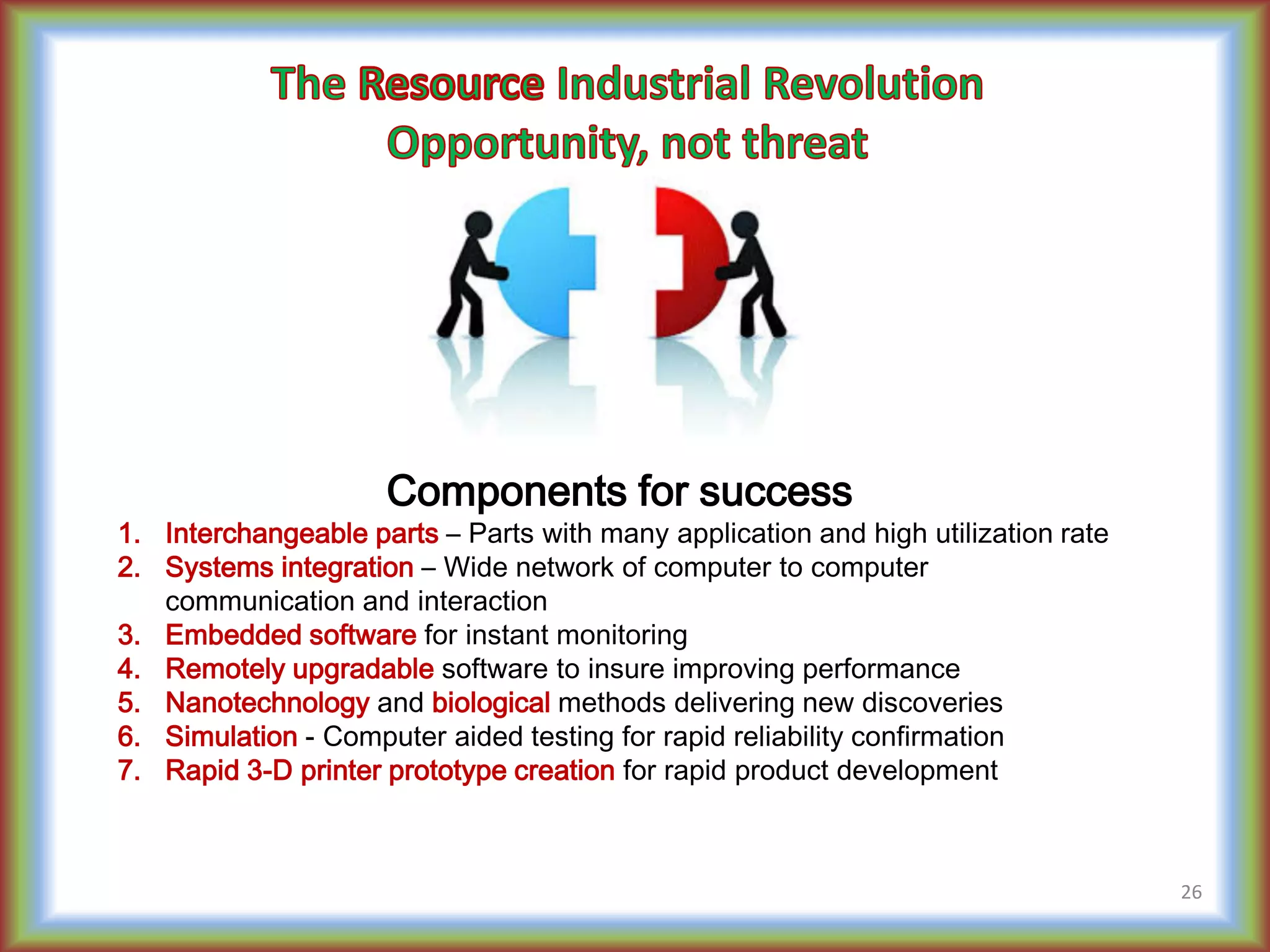 Components for success
1. Interchangeable parts – Parts with many application and high utilization rate
2. Systems integration – Wide network of computer to computer
communication and interaction
3. Embedded software for instant monitoring
4. Remotely upgradable software to insure improving performance
5. Nanotechnology and biological methods delivering new discoveries
6. Simulation - Computer aided testing for rapid reliability confirmation
7. Rapid 3-D printer prototype creation for rapid product development
26
 