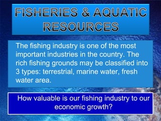 FISHERIES & AQUATICRESOURCES	The fishing industry is one of the most important industries in the country. The rich fishing grounds may be classified into 3 types: terrestrial, marine water, fresh water area.	How valuable is our fishing industry to our economic growth?