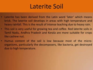 Laterite Soil
• Laterite has been derived from the Latin word ‘later’ which means
brick. The laterite soil develops in areas with high temperature and
heavy rainfall. This is the result of intense leaching due to heavy rain.
• This soil is very useful for growing tea and coffee. Red laterite soils in
Tamil Nadu, Andhra Pradesh and Kerala are more suitable for crops
like cashew nut.
• Humus content of the soil is low because most of the microorganisms, particularly the decomposers, like bacteria, get destroyed
due to high temperature.

 