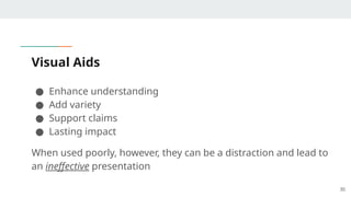 Visual Aids
● Enhance understanding
● Add variety
● Support claims
● Lasting impact
When used poorly, however, they can be a distraction and lead to
an ineffective presentation
30
 