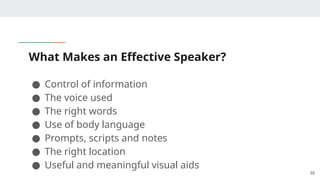 What Makes an Effective Speaker?
● Control of information
● The voice used
● The right words
● Use of body language
● Prompts, scripts and notes
● The right location
● Useful and meaningful visual aids
38
 